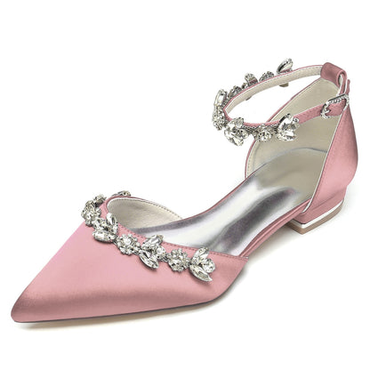 Women's Silk Satin With Rhinestone Ankle Strap Flat Heel Closed Toe Party Shoes