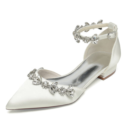 Women's Silk Satin With Rhinestone Ankle Strap Flat Heel Closed Toe Party Shoes