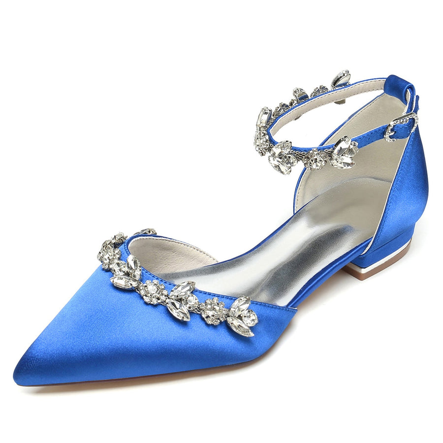 Women's Silk Satin With Rhinestone Ankle Strap Flat Heel Closed Toe Party Shoes