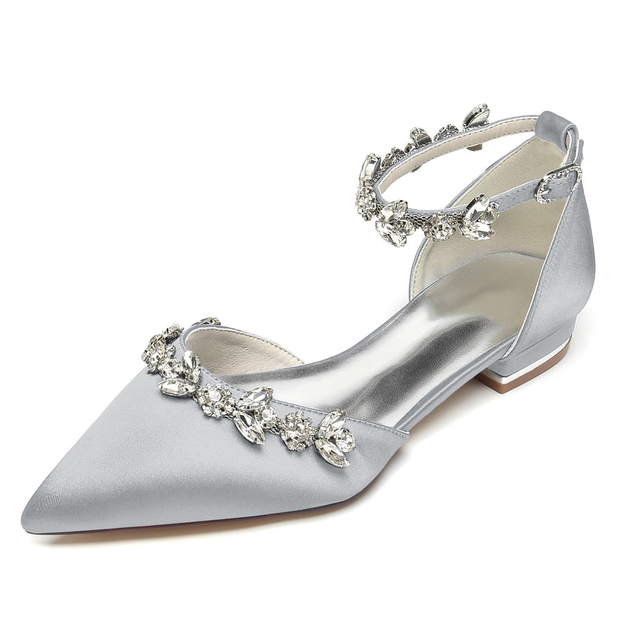 Women's Silk Satin With Rhinestone Ankle Strap Flat Heel Closed Toe Party Shoes