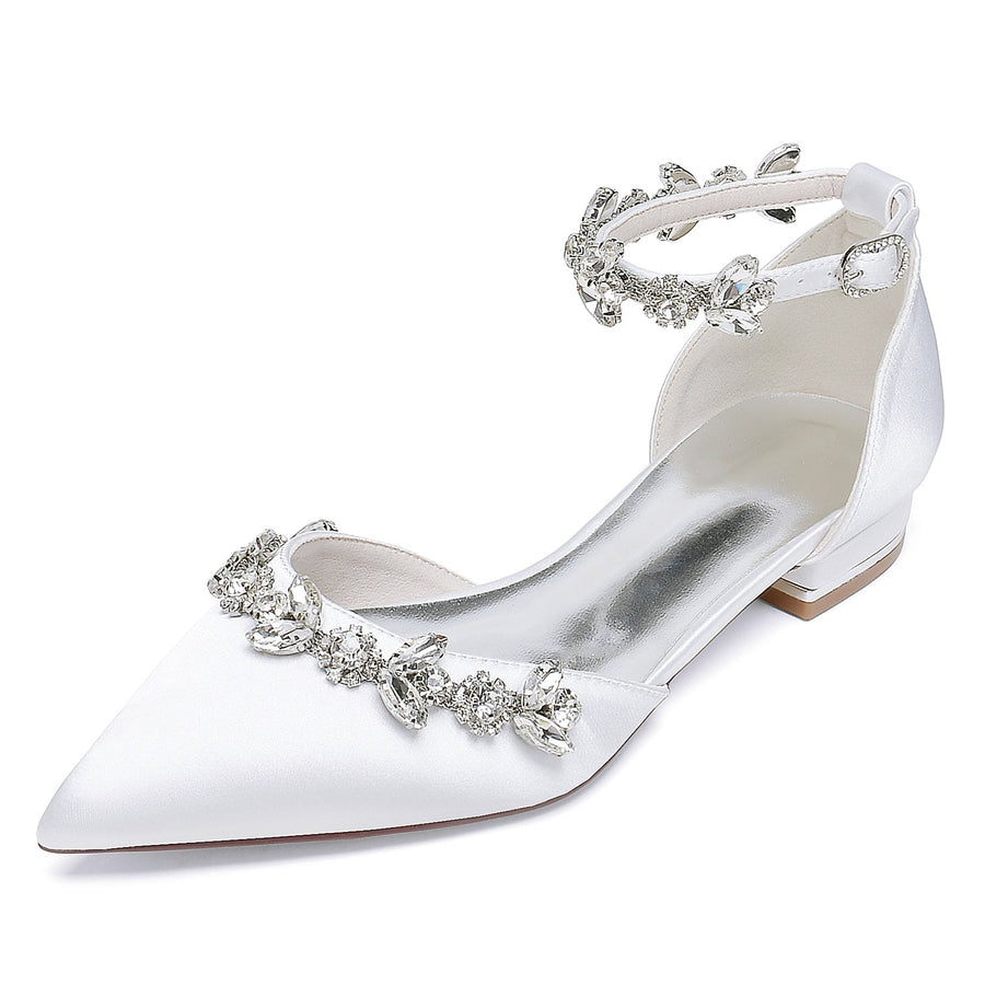 Women's Silk Satin With Rhinestone Ankle Strap Flat Heel Closed Toe Party Shoes