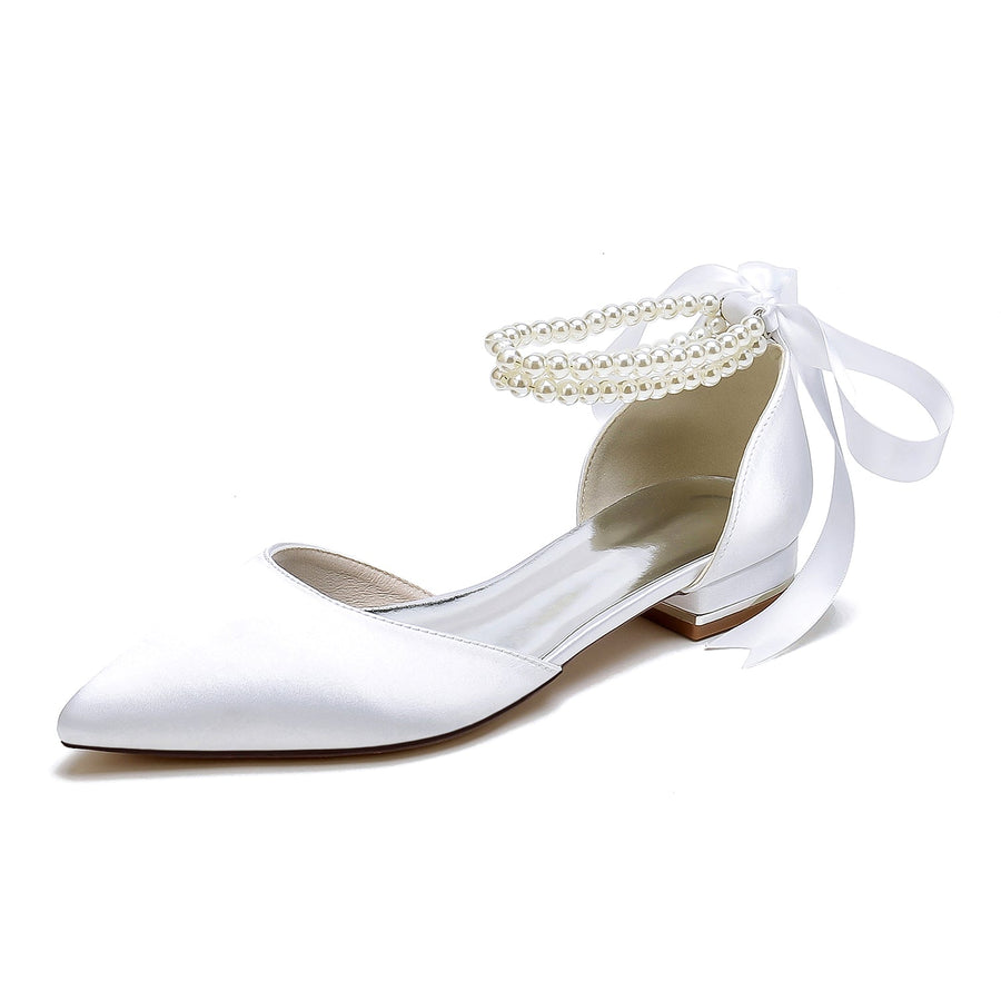 Women's Silk Satin With Ankle Strap Lace-up Pearl Closed Toe Flat Heel Evening Shoes