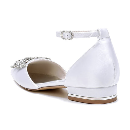 Women's Silk Satin With Ankle Strap Rhinestone Closed Toe Flat Heel Wedding Shoes