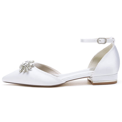 Women's Silk Satin With Ankle Strap Rhinestone Closed Toe Flat Heel Wedding Shoes