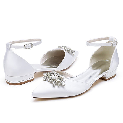 Women's Silk Satin With Ankle Strap Rhinestone Closed Toe Flat Heel Wedding Shoes