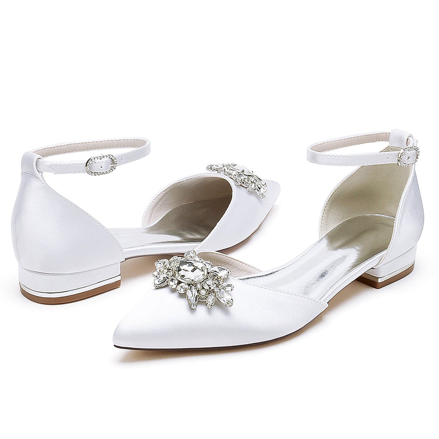 Women's Silk Satin With Ankle Strap Rhinestone Closed Toe Flat Heel Wedding Shoes