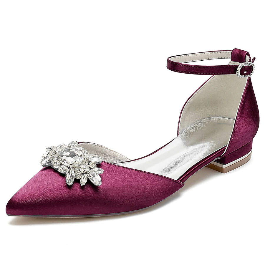 Women's Silk Satin With Ankle Strap Rhinestone Closed Toe Flat Heel Wedding Shoes