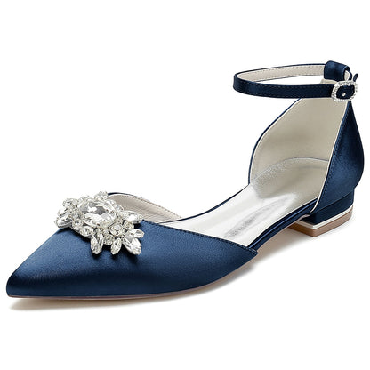 Women's Silk Satin With Ankle Strap Rhinestone Closed Toe Flat Heel Wedding Shoes