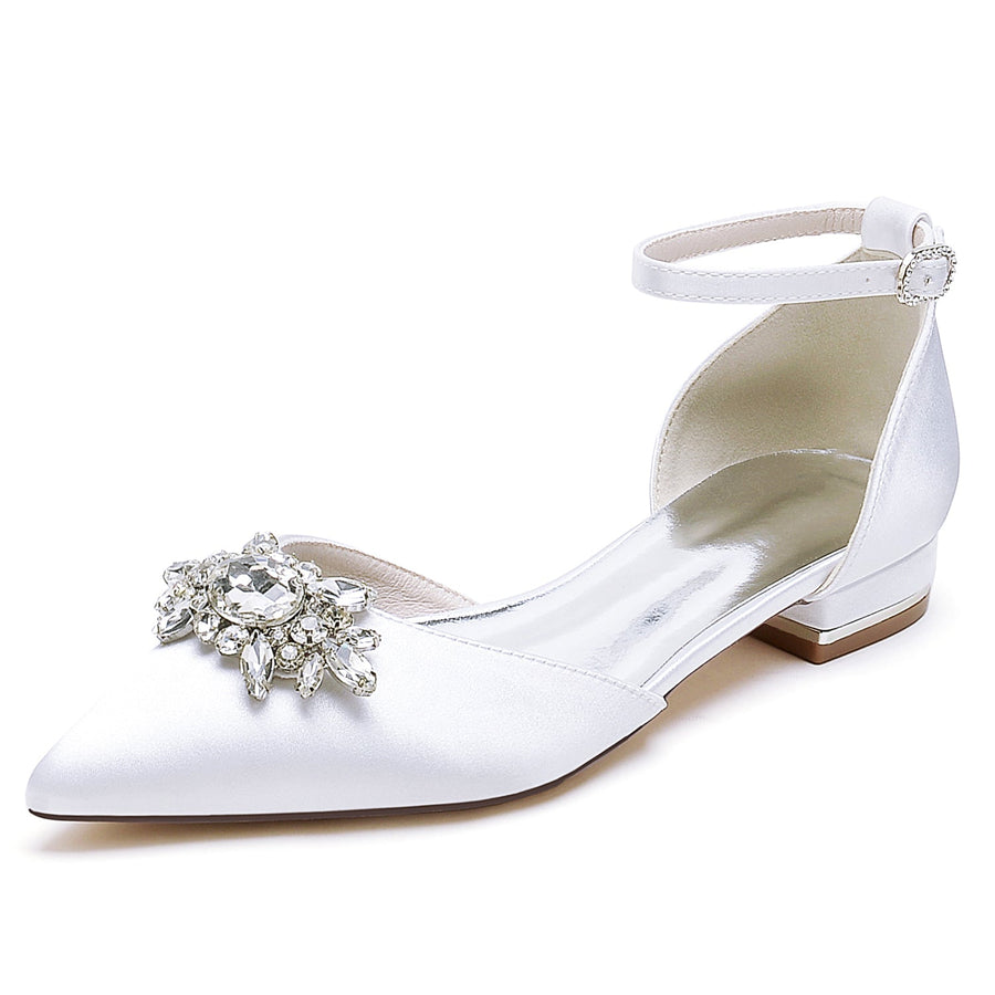 Women's Silk Satin With Ankle Strap Rhinestone Closed Toe Flat Heel Wedding Shoes