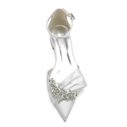 Women's Ankle Strap Rhinestone Silk Satin With Closed Toe Flat Heel Wedding Shoes