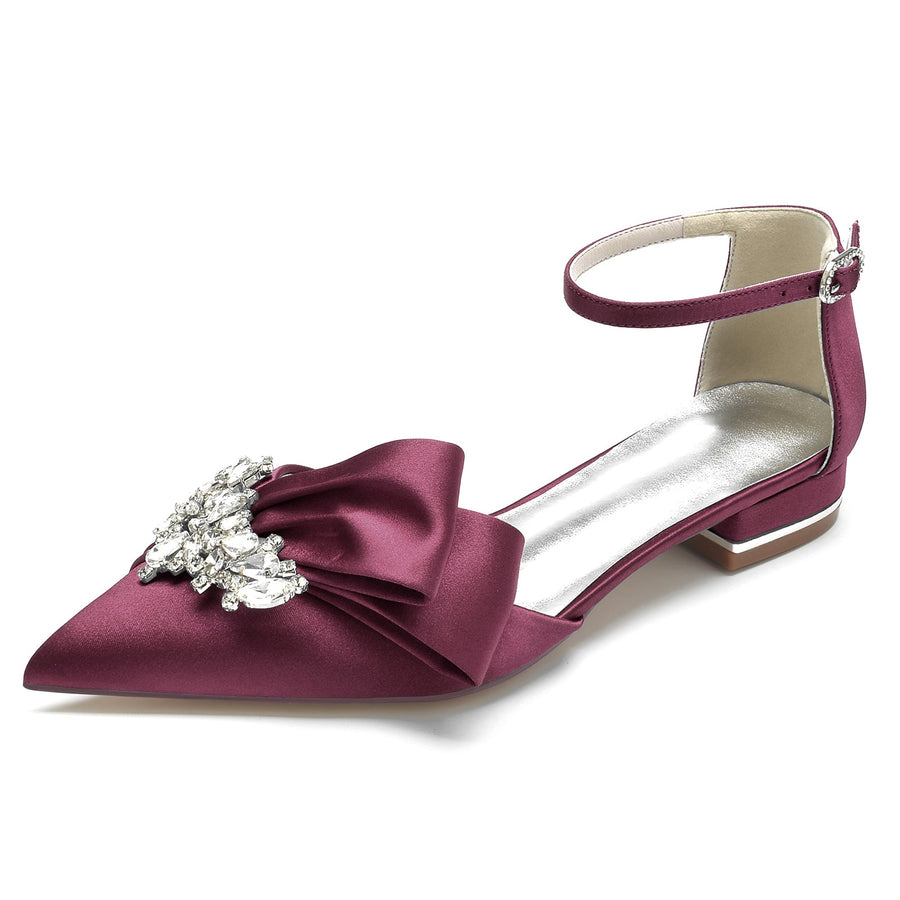 Women's Ankle Strap Rhinestone Silk Satin With Closed Toe Flat Heel Wedding Shoes