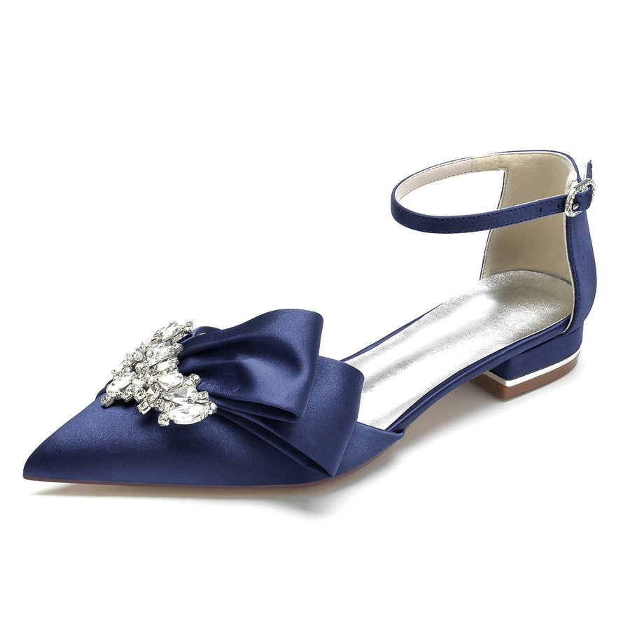 Women's Ankle Strap Rhinestone Silk Satin With Closed Toe Flat Heel Wedding Shoes