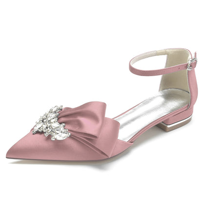 Women's Ankle Strap Rhinestone Silk Satin With Closed Toe Flat Heel Wedding Shoes