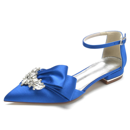 Women's Ankle Strap Rhinestone Silk Satin With Closed Toe Flat Heel Wedding Shoes