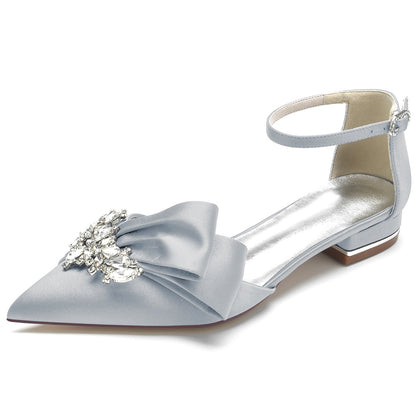 Women's Ankle Strap Rhinestone Silk Satin With Closed Toe Flat Heel Wedding Shoes