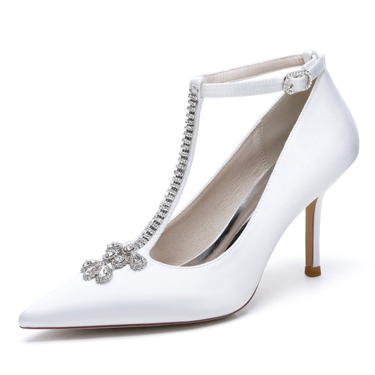 Women's Ankle Strap Silk Satin With Rhinestone Closed Toe Stiletto Heel Wedding Shoes