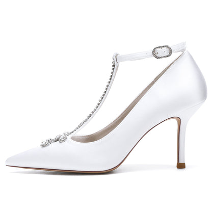 Women's Silk Satin Ankle Strap With Rhinestone Closed Toe Stiletto Heel Evening Shoes