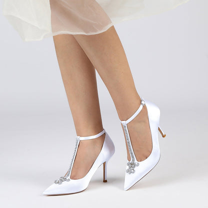 Women's Silk Satin Ankle Strap With Rhinestone Closed Toe Stiletto Heel Evening Shoes