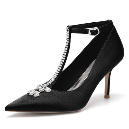 Women's Silk Satin Ankle Strap With Rhinestone Closed Toe Stiletto Heel Evening Shoes