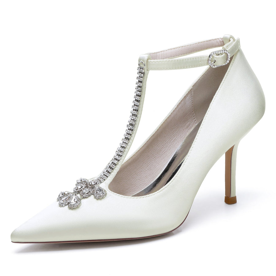 Women's Silk Satin Ankle Strap With Rhinestone Closed Toe Stiletto Heel Evening Shoes