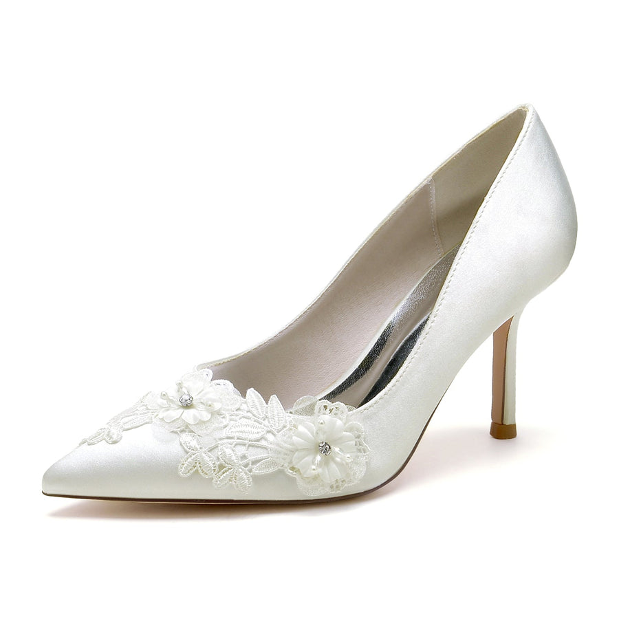 Women's Silk Satin With Flower Closed Toe Stiletto Heel Wedding Shoes