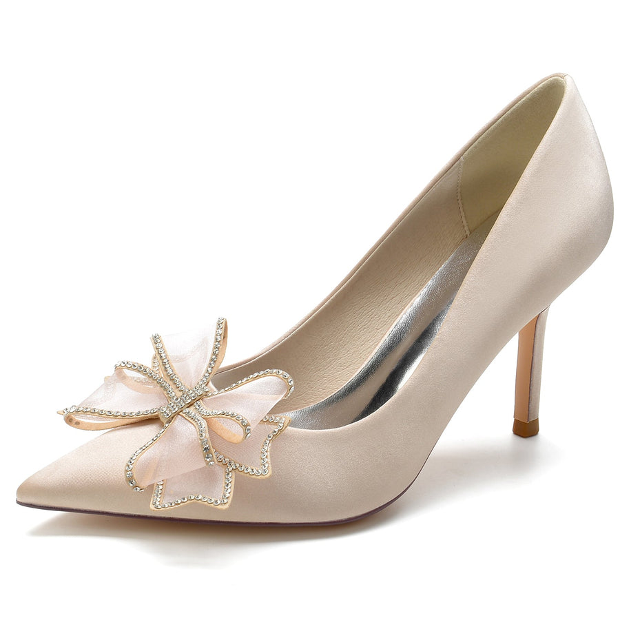 Women's Silk Satin With Bowknot Closed Toe Stiletto Heel Wedding Shoes