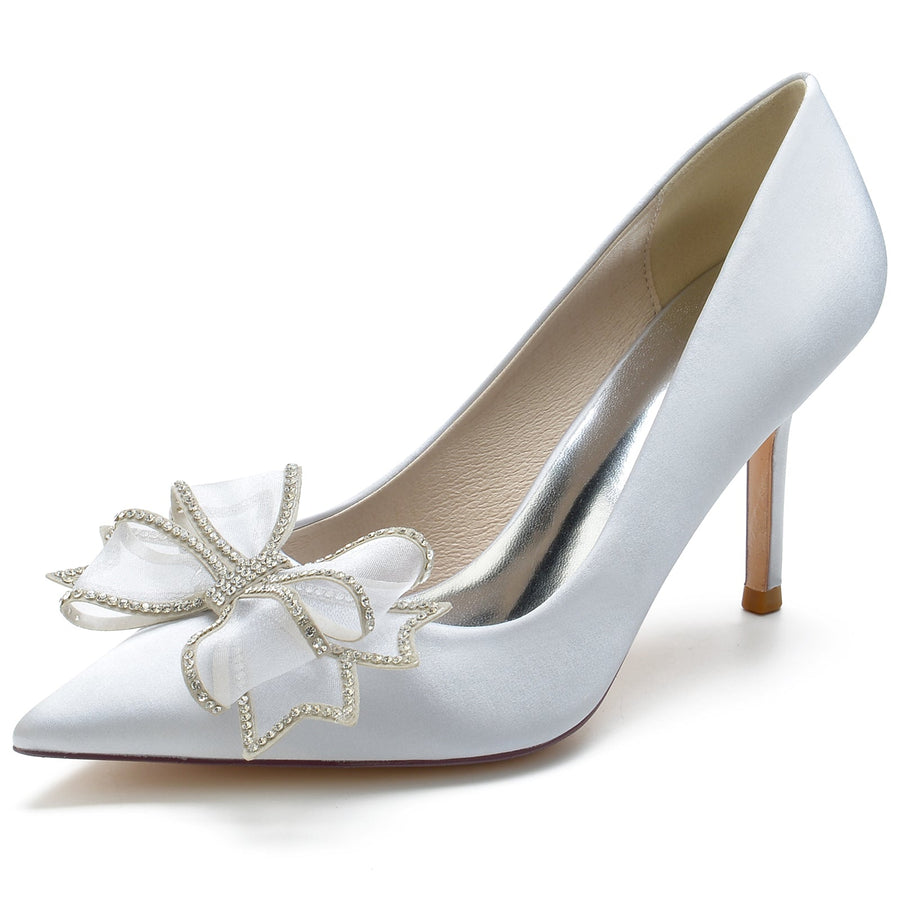 Women's Silk Satin With Bowknot Closed Toe Stiletto Heel Wedding Shoes