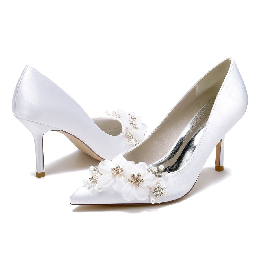 Women's Silk Satin With Closed Toe Stiletto Heel Flower Wedding Shoes