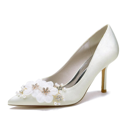 Women's Silk Satin With Closed Toe Stiletto Heel Flower Wedding Shoes