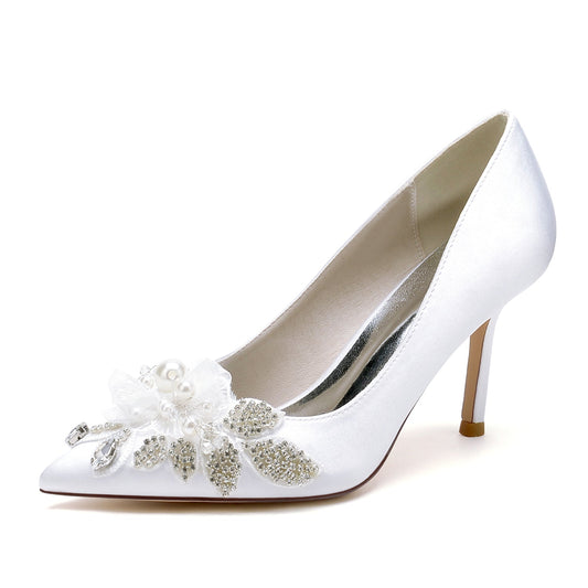 Women's Silk Satin With Flower Rhinestone Closed Toe Stiletto Heel Evening Shoes