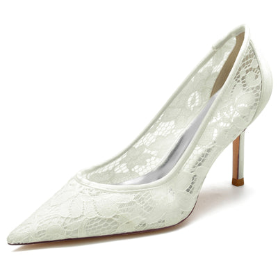 Women's Silk Satin With Lace Closed Toe Stiletto Heel Evening Shoes