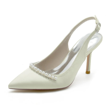 Women's Silk Satin Closed Toe With Pearl Stiletto Heel Party Shoes