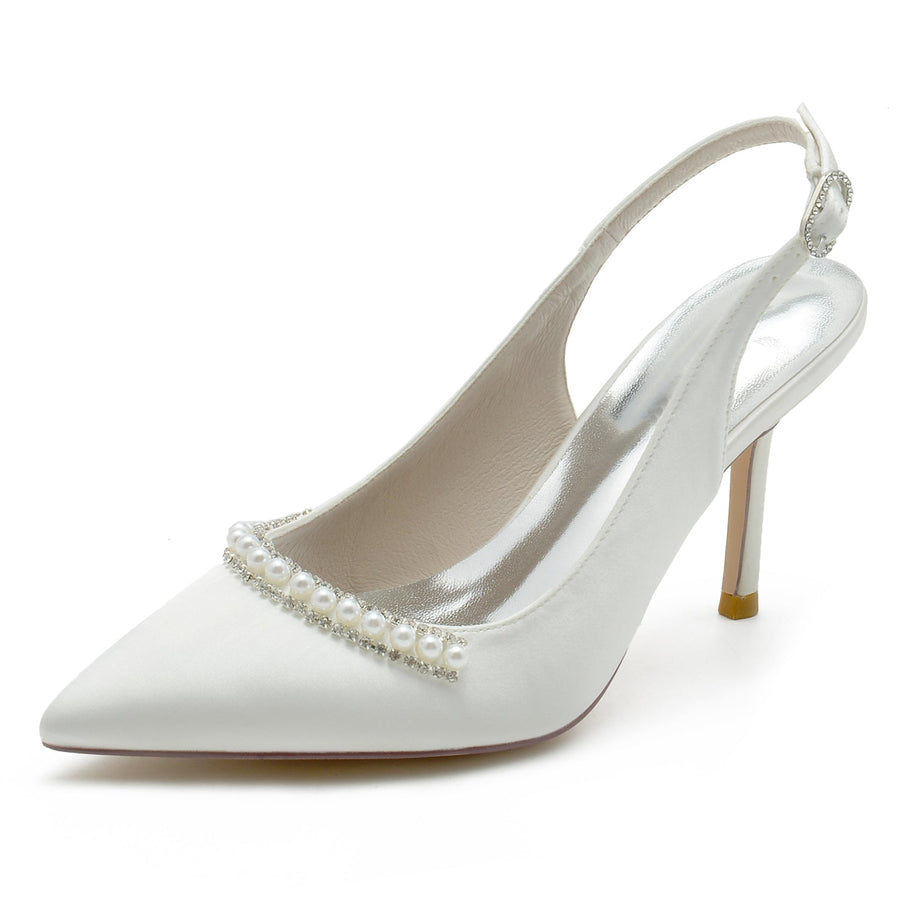 Women's Silk Satin Closed Toe With Pearl Stiletto Heel Party Shoes