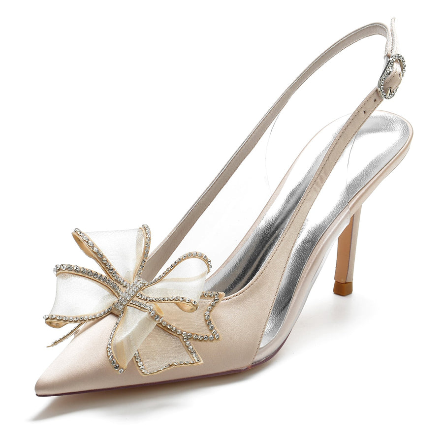 Women's Silk Satin With Bowknot Lace Closed Toe Stiletto Heel Wedding Shoes