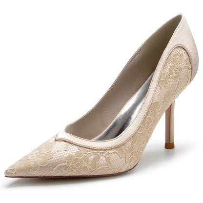 Women's Lace Closed Silk Satin With Toe Stiletto Heel Evening Shoes