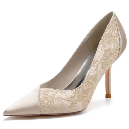 Women's Silk Satin Lace Closed Toe With Stiletto Heel Party Shoes