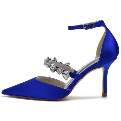 Women's Ankle Strap Silk Satin With Ankle Strap Rhinestone Closed Toe Stiletto Heel Evening Shoes