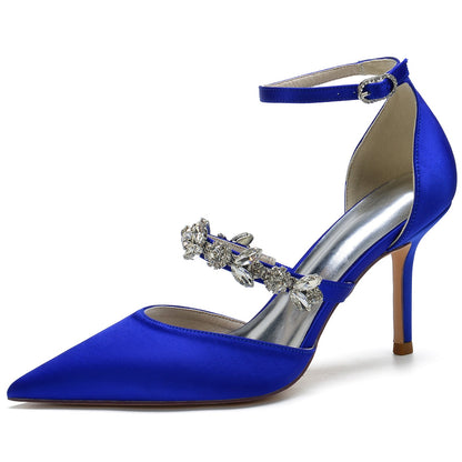 Women's Ankle Strap Silk Satin With Ankle Strap Rhinestone Closed Toe Stiletto Heel Evening Shoes