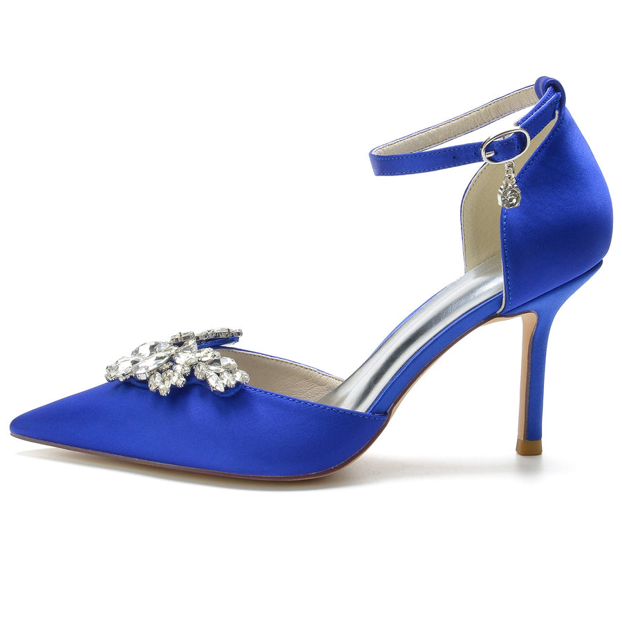 Women's Silk Satin Ankle Strap Rhinestone Closed Toe Stiletto Heel Wedding Shoes