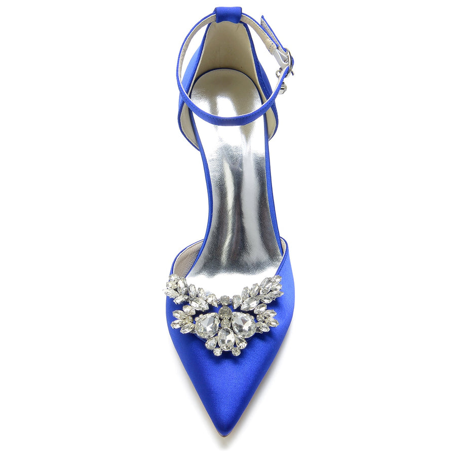 Women's Silk Satin Ankle Strap Rhinestone Closed Toe Stiletto Heel Wedding Shoes