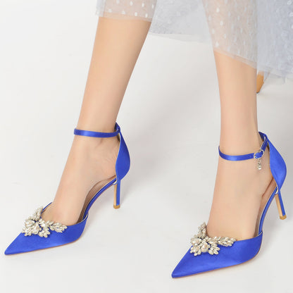 Women's Silk Satin Ankle Strap Rhinestone Closed Toe Stiletto Heel Wedding Shoes