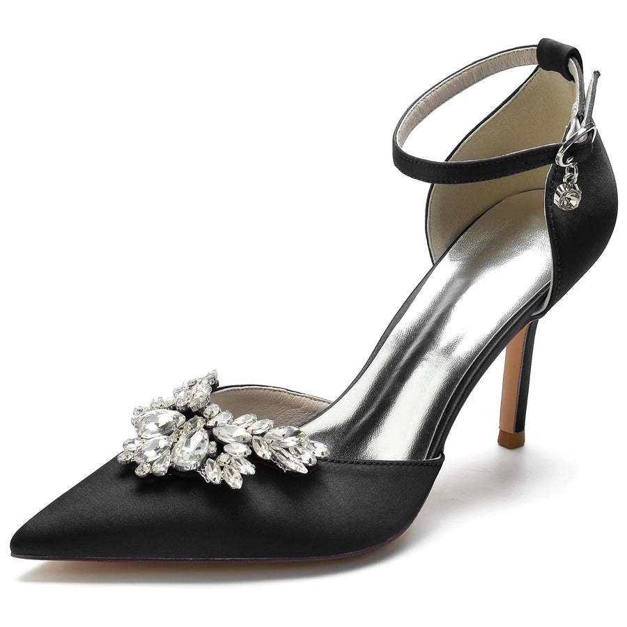 Women's Silk Satin Ankle Strap Rhinestone Closed Toe Stiletto Heel Wedding Shoes