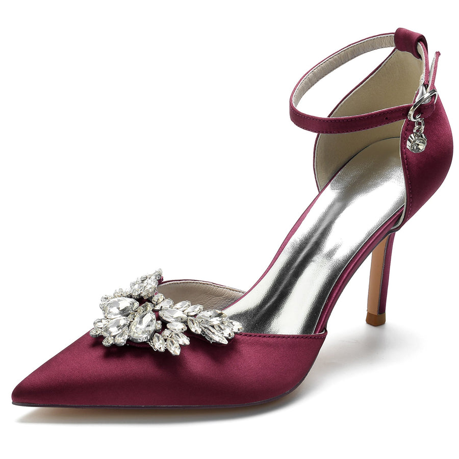 Women's Silk Satin Ankle Strap Rhinestone Closed Toe Stiletto Heel Wedding Shoes