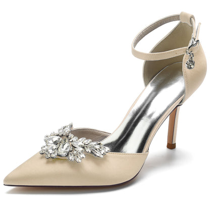 Women's Silk Satin Ankle Strap Rhinestone Closed Toe Stiletto Heel Wedding Shoes