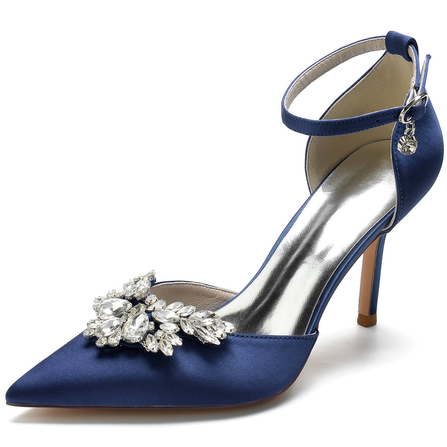 Women's Silk Satin Ankle Strap Rhinestone Closed Toe Stiletto Heel Wedding Shoes