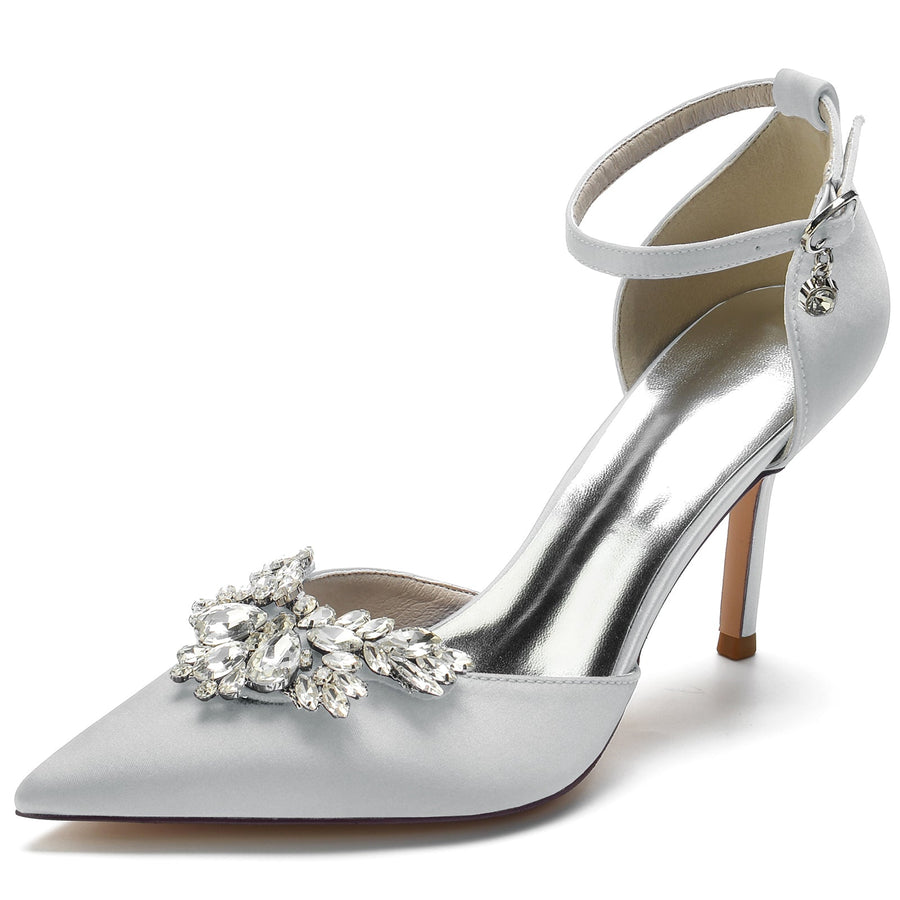 Women's Silk Satin Ankle Strap Rhinestone Closed Toe Stiletto Heel Wedding Shoes