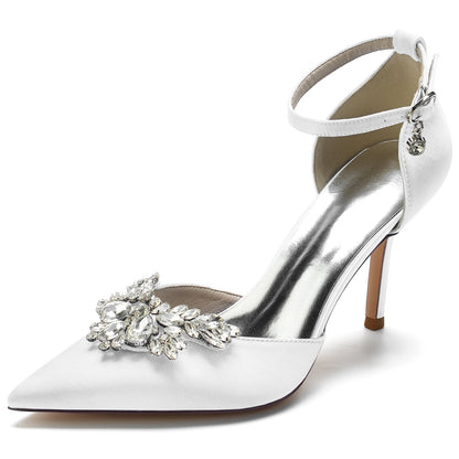 Women's Silk Satin Ankle Strap Rhinestone Closed Toe Stiletto Heel Wedding Shoes