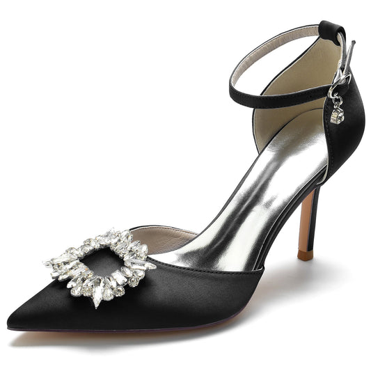 Women's Ankle Strap Silk Satin With Rhinestone Closed Toe Stiletto Heel Party Shoes