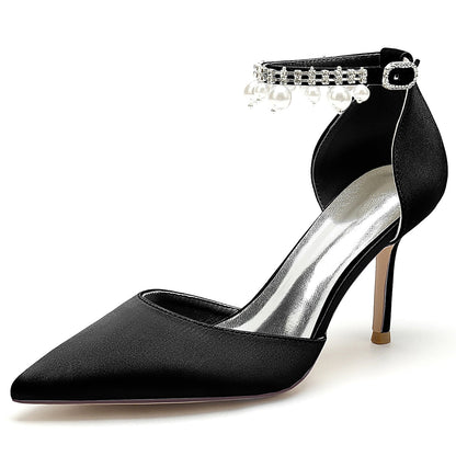 Women's Silk Satin With Ankle Strap Pearl Rhinestone Tassel Closed Toe Stiletto Heel Party Shoes