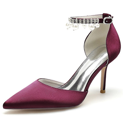 Women's Silk Satin With Ankle Strap Pearl Rhinestone Tassel Closed Toe Stiletto Heel Party Shoes